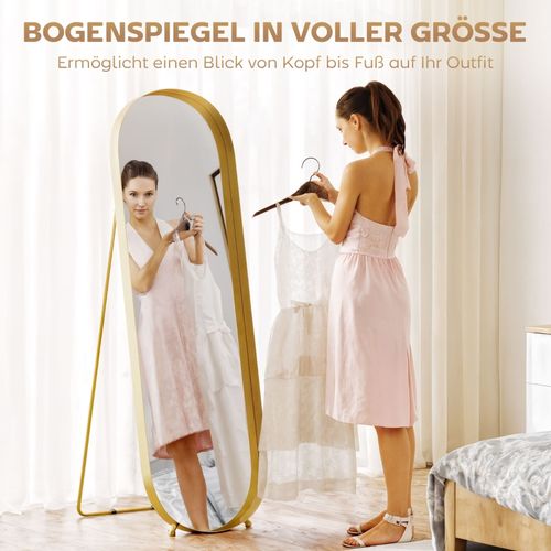 Miroir Sur Pied 160x50 Cm Avec Cadre Doré, Métal Robuste, Idéal Salon Ou Chambre