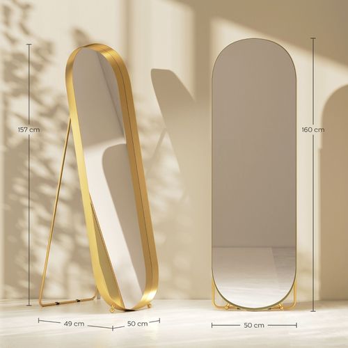Miroir Sur Pied 160x50 Cm Avec Cadre Doré, Métal Robuste, Idéal Salon Ou Chambre