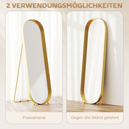 Miroir Sur Pied 160x50 Cm Avec Cadre Doré, Métal Robuste, Idéal Salon Ou Chambre