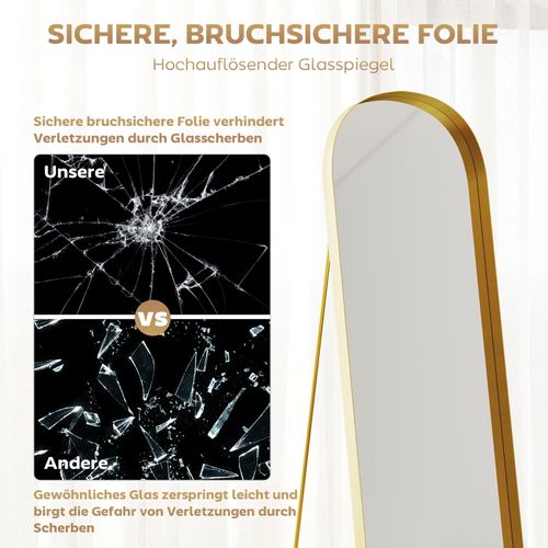 Miroir Sur Pied 160x50 Cm Avec Cadre Doré, Métal Robuste, Idéal Salon Ou Chambre