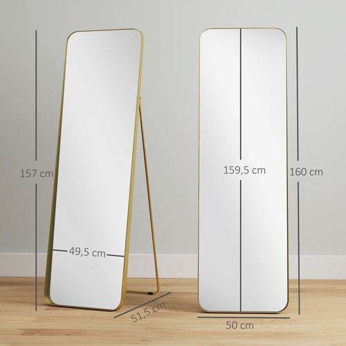 Miroir Sur Pied Inclinable 160x50 Cm Avec Cadre Doré En Métal Et Mdf Pour Chambre