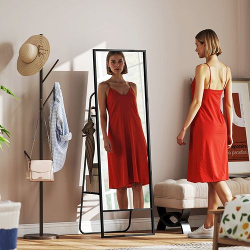 Miroir Sur Pied 157x50 Cm Avec Cadre Métal Noir, Étagère Arrière Et Crochets Pour Chambre