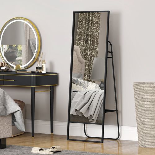 Miroir Sur Pied 157x50 Cm Avec Cadre Métal Noir, Étagère Arrière Et Crochets Pour Chambre