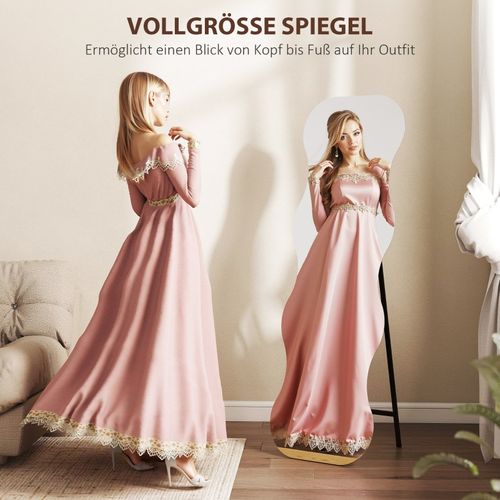 Miroir Pleine Longueur 160x50 Cm Sans Cadre, Forme Ondulée Avec Base Bois Noir