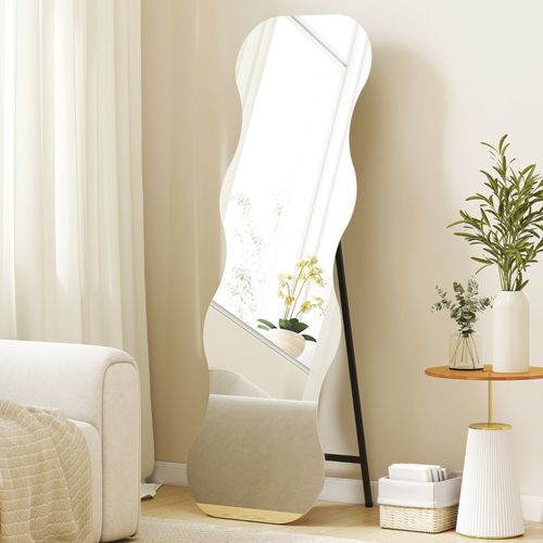 Miroir Pleine Longueur 160x50 Cm Sans Cadre, Forme Ondulée Avec Base Bois Noir