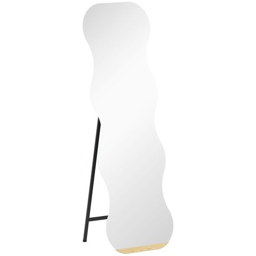 Miroir Pleine Longueur 160x50 Cm Sans Cadre, Forme Ondulée Avec Base Bois Noir