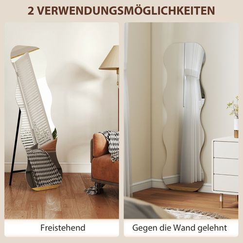 Miroir Pleine Longueur 160x50 Cm Sans Cadre, Forme Ondulée Avec Base Bois Noir