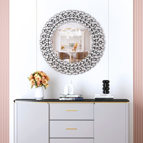 Miroir Mural Rond 86 cm Style Cristal, Cadre Mdf Élégant Et Décoratif