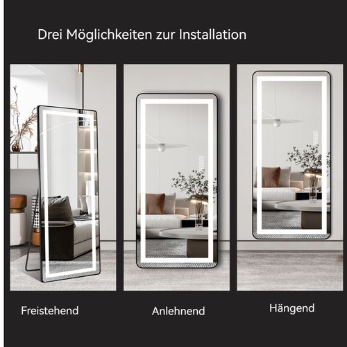Miroir LED Vertical 163x54 cm Avec Cadre Aluminium Noir, Éclairage Dimmable Et Support Polyvalent