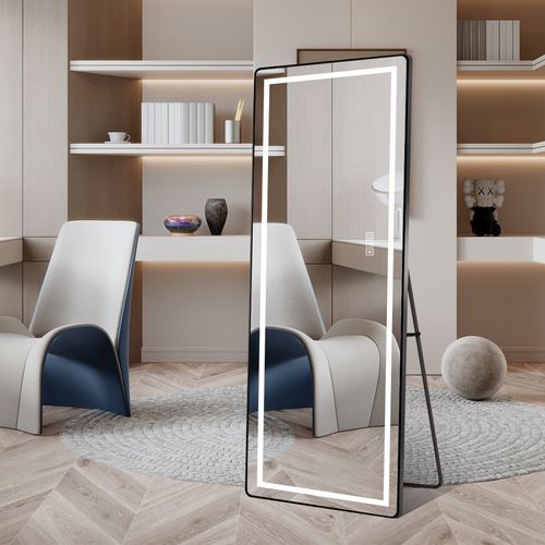 Miroir LED Vertical 163x54 cm Avec Cadre Aluminium Noir, Éclairage Dimmable Et Support Polyvalent
