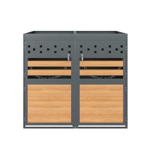 Coffre à Poubelles 2x120-240 l Avec Toit Végétalisé, Anthracite Et Effet Bois, Sécurisé