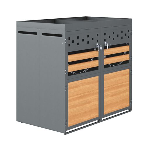 Coffre à Poubelles 2x120-240 l Avec Toit Végétalisé, Anthracite Et Effet Bois, Sécurisé