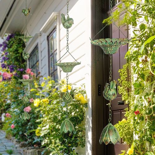Lot De 3 Chaînes De Pluie 123 cm En Métal Avec Colibris Et Cloche Lotus, Vert