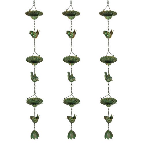 Lot De 3 Chaînes De Pluie 123 cm En Métal Avec Colibris Et Cloche Lotus, Vert