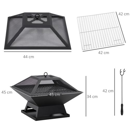Brasero De Jardin Multifonction Avec Grill Et Pare-étincelles, Acier Noir 45 Cm
