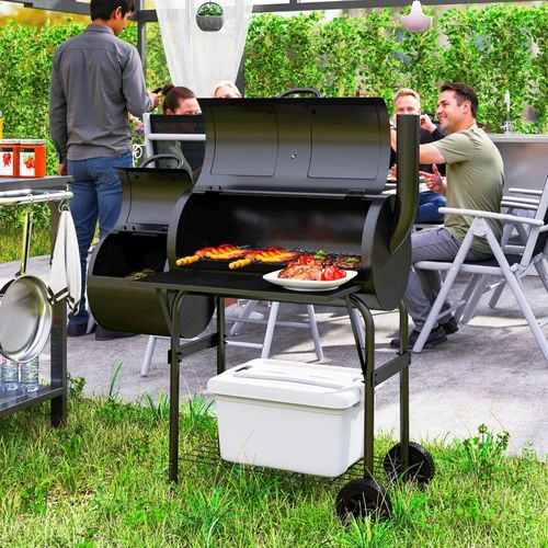 Barbecue Charbon 2-en-1 Avec Smoker, Thermomètre Et Roues Pour Jardin