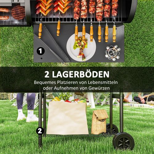 Barbecue Charbon 2-en-1 Avec Smoker, Thermomètre Et Roues Pour Jardin