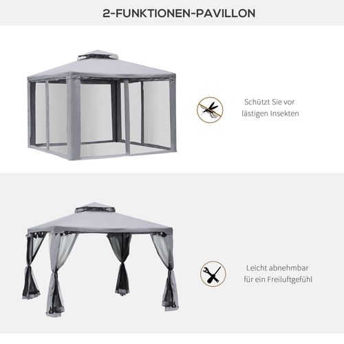 Pavillon De Jardin 3x3 M Avec 4 Parois Moustiquaires Toit Double Et Structure Métal Gris Clair