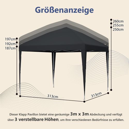 Pavillon Pop-up 3x3 M Réglable En Hauteur Avec Sacs De Lest Et Housse De Transport Noir