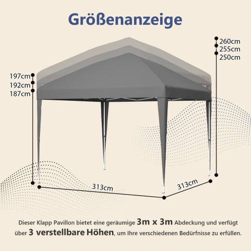 Pavillon Pop-up 3x3 M Pliant Réglable En Hauteur Avec Sacs De Lest Et Housse Gris