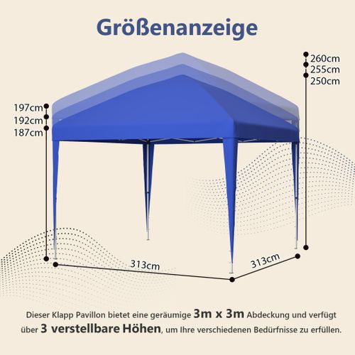 Pavillon Pop-up 3x3 M Pliant Réglable En Hauteur Avec Sacs De Lest Et Housse Bleu