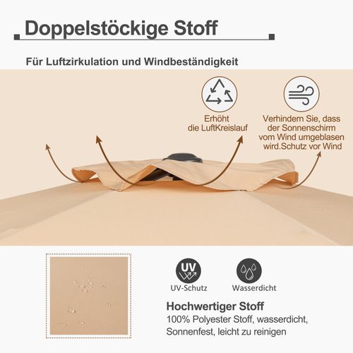 Parasol 300x245 Cm Khaki Avec Double Toit Ventilé, Manivelle Et 8 Baleines Renforcées