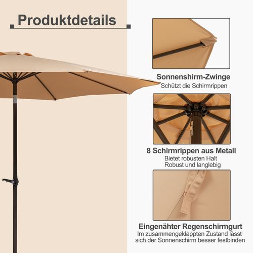 Parasol 300x245 Cm Khaki Avec Double Toit Ventilé, Manivelle Et 8 Baleines Renforcées