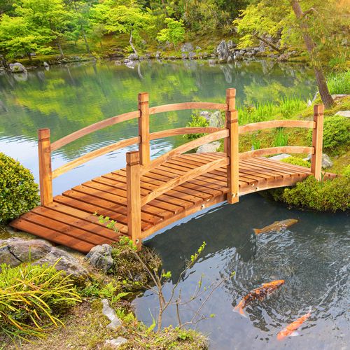 Pont De Jardin En Bois Massif 185 Cm Avec Rambarde, Support 200 Kg Pour Jardin Et Étang