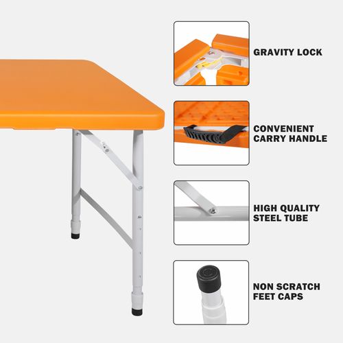 Table Pliante Portable 125 cm Robuste Avec Hauteur Réglable Pour Intérieur Et Extérieur, Orange
