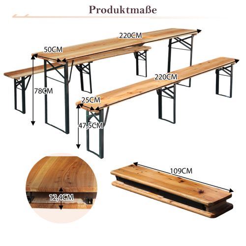 Garniture De Table De Bière Pliante 3 pièces 220 cm En Bois Massif Pour Jardin Et Fête