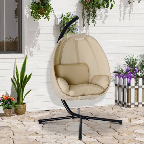 Fauteuil Suspendu Oeuf Pliable Avec Coussin, Chaise Balançoire, 125x95x170 Cm, Kaki