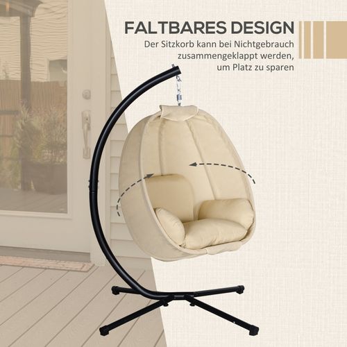 Fauteuil Suspendu Oeuf Pliable Avec Coussin, Chaise Balançoire, 125x95x170 Cm, Kaki