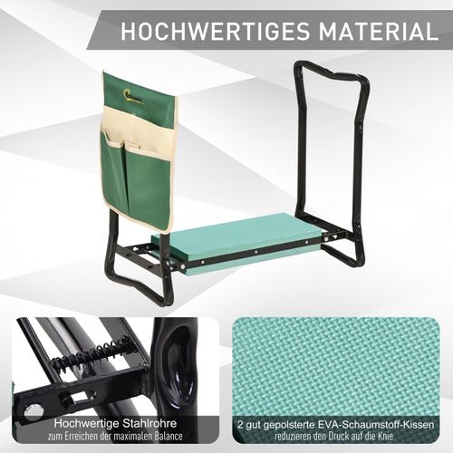 Banc Pliable De Jardin 2-en-1, Tabouret Et Genouillère Avec Pochette Outils Et Coussins Confort