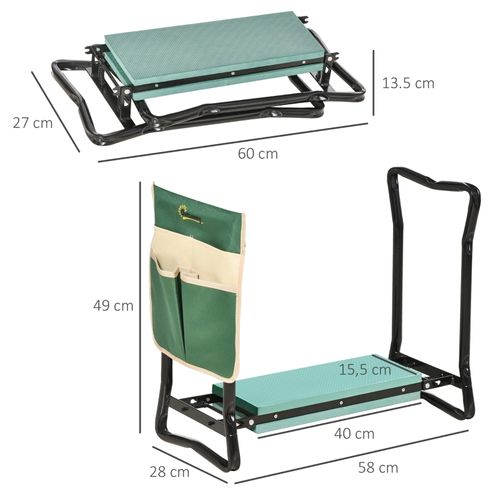 Banc Pliable De Jardin 2-en-1, Tabouret Et Genouillère Avec Pochette Outils Et Coussins Confort