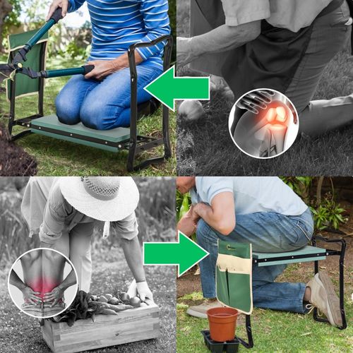Banc Pliable De Jardin 2-en-1, Tabouret Et Genouillère Avec Pochette Outils Et Coussins Confort