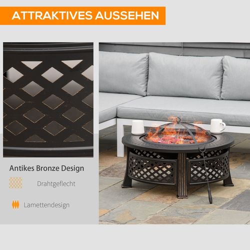 Brasero Rond 2-en-1 Avec Pare-étincelles Et Houe, Acier Noir 81x81x50 Cm