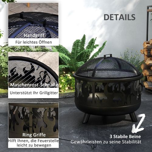 Brasero Extérieur 2-en-1 Avec Pare-étincelles Et Houe D.61,5 Cm, Acier Noir