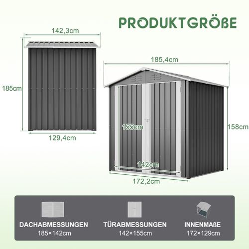 Abri De Jardin Métallique 142 X 185 Cm Avec Porte Verrouillable Et Ventilation Intégrée