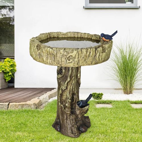 Fontaine De Jardin, Bain D’oiseaux En Béton Imitation Bois Avec Oiseau Décoratif 62 Cm Pour Jardin