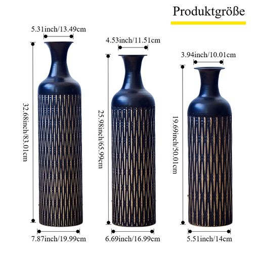 Set De 3 Grandes Vases De Sol Noirs En Métal à Rainures 50/66/83 Cm Style Industriel