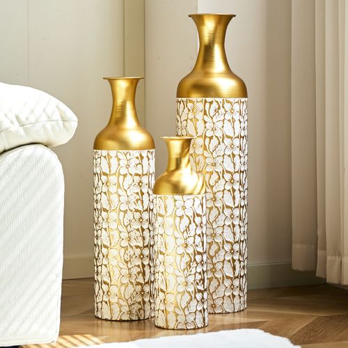 Set De 3 Grandes Vases De Sol En Métal Doré Et Blanc Avec Motif Floral 50/66/85 Cm
