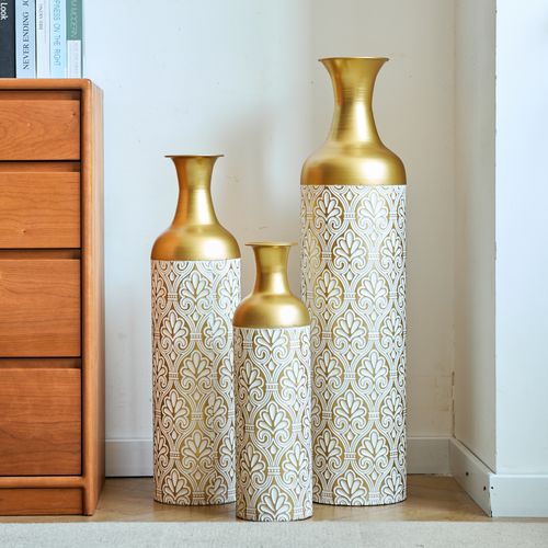 Set De 3 Grandes Vases Dorés Avec Motif Floral Blanc 50/66/83 Cm