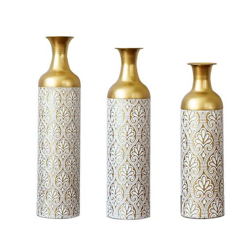 Set De 3 Grandes Vases Dorés Avec Motif Floral Blanc 50/66/83 Cm
