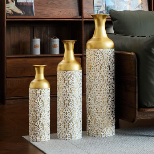 Set De 3 Grandes Vases Dorés Avec Motif Floral Blanc 50/66/83 Cm