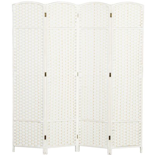 Paravent 4 Panneaux Pliable Blanc En Bois De Pin Avec Tissage Élégant, Pour Salon Et Bureau