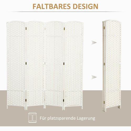 Paravent 4 Panneaux Pliable Blanc En Bois De Pin Avec Tissage Élégant, Pour Salon Et Bureau