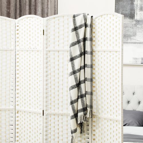 Paravent 4 Panneaux Pliable Blanc En Bois De Pin Avec Tissage Élégant, Pour Salon Et Bureau
