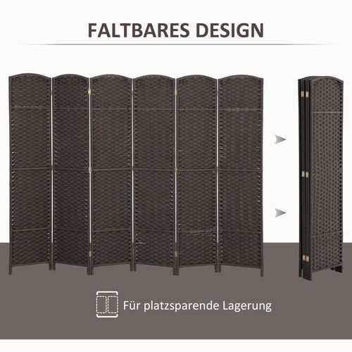 Paravent 6 Panneaux Pliable Brun En Bois De Pin Avec Motif Tissé Pour Intérieur