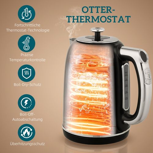 Set Petit-déjeuner Rétro Noir Avec Bouilloire 1,7 L, Grille-pain LED Et Fonction Mémoire 2200 W