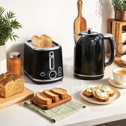 Set Petit-déjeuner Rétro Noir Avec Bouilloire 1,7 L, Grille-pain LED Et Fonction Mémoire 2200 W